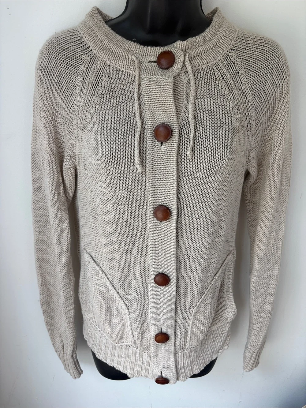 J. Crew 100% linen Button-Front Knit Cardigan Sweater with leather buttons